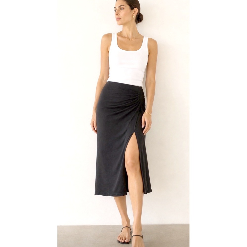 Z Supply XL Black Ruched Front Slit Midi Skirt Stretch Minimalist NWT